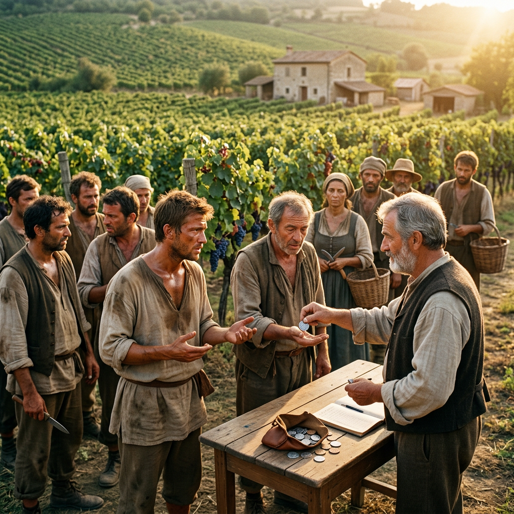 Workers receiving equal pay in a vineyard