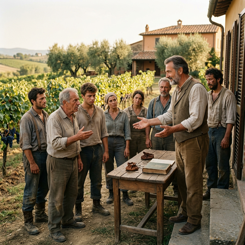 Group gathered beside vineyard while a man gestures near a farmhouse