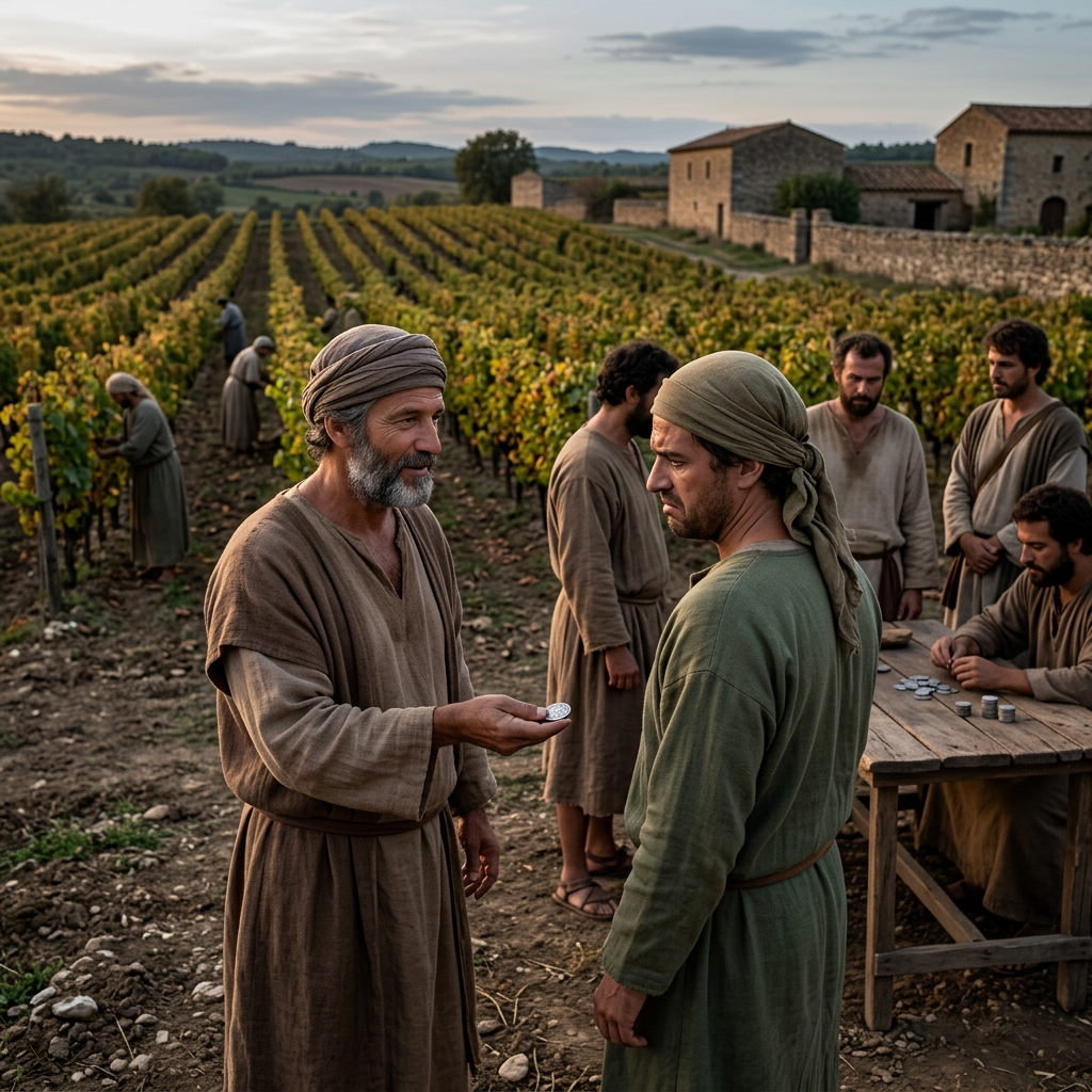 Workers in historical clothing gathering in a vineyard beside stone farm buildings