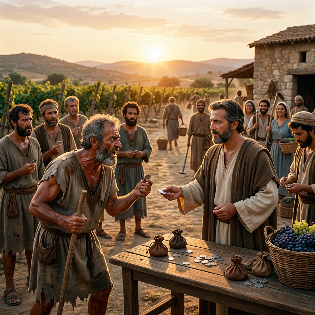 Men and women exchange coins beside grapes in a sunset vineyard.
