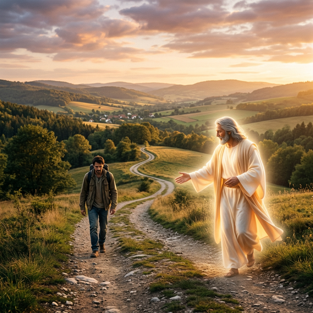 A traveler meets a radiant robed figure on a country path at sunset