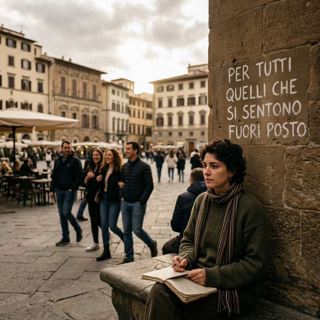 Person writing beside the text “PER TUTTI QUELLI CHE SI SENTONO FUORI POSTO”