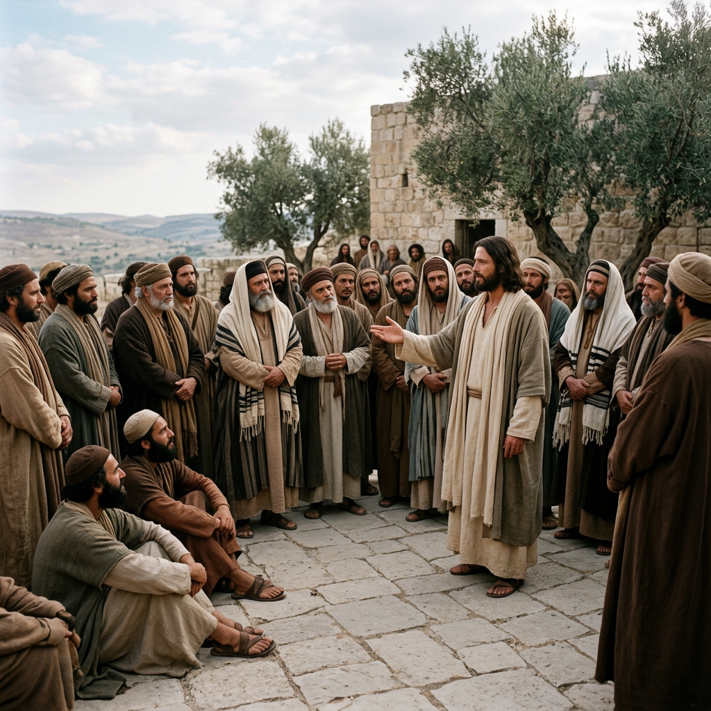 Bearded teacher addressing a crowd in an ancient stone village