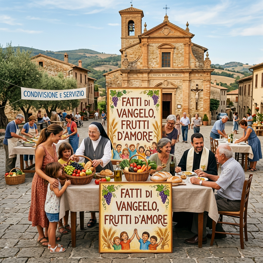 Italian church feast with text “CONDIVISIONE E SERVIZIO,” “CHIESA DI SAN MARCO,” and “FATTI DI VANGELO, FRUTTI D’AMORE”