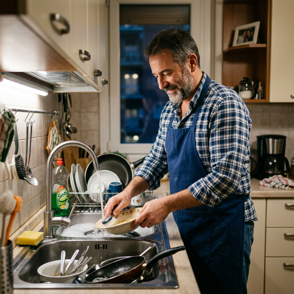 Man washing a bowl at the kitchen sink