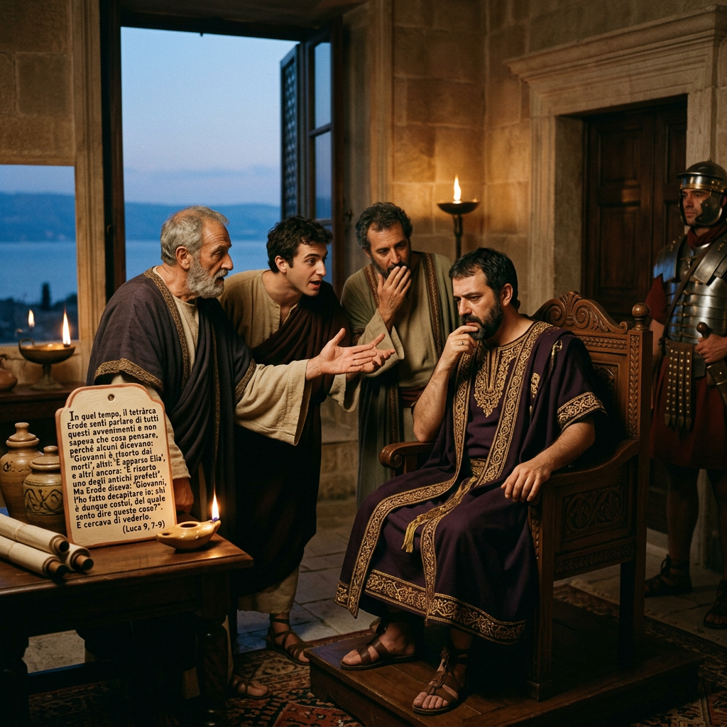 Biblical scene with Herod seated among men and guard; Italian text: "In quel tempo, il tetrarca Erode sentì parlare di tutti questi avvenimenti e non sapeva che cosa pensare, perché alcuni dicevano: 'Giovanni è risorto dai morti'; altri: 'È apparso Elia', e altri ancora: 'È risorto uno degli antichi profeti'. Ma Erode diceva: 'Giovanni, l'ho fatto decapitare io, e dunque costui, del quale sento dire queste cose?'. E cercava di vederlo. (Luca 9, 7-9)"