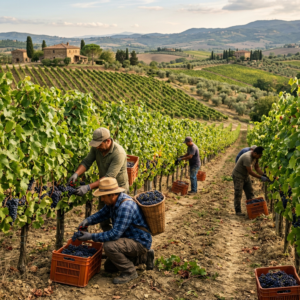 Four workers hand-picking grapes in a vineyard with Tuscan hills behind them