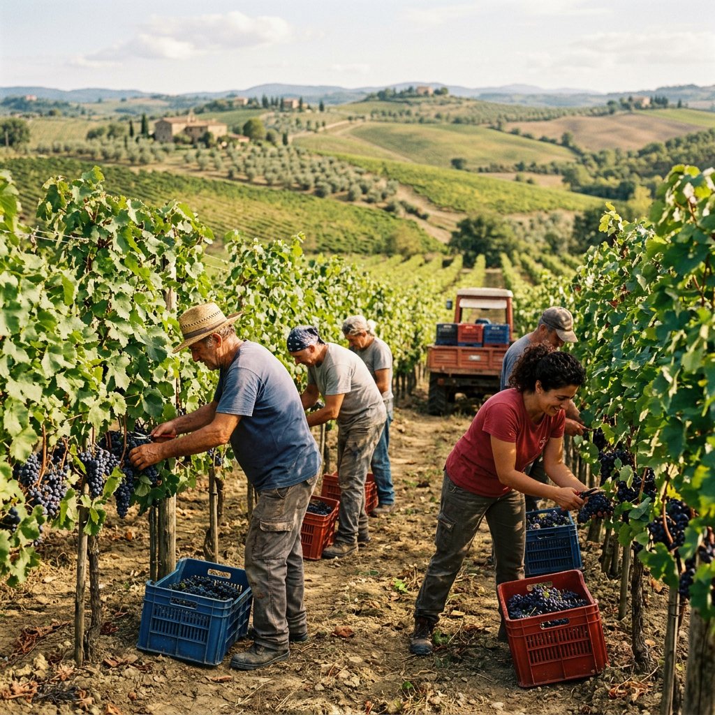 Four workers handpick grapes in a sunlit vineyard with rolling hills