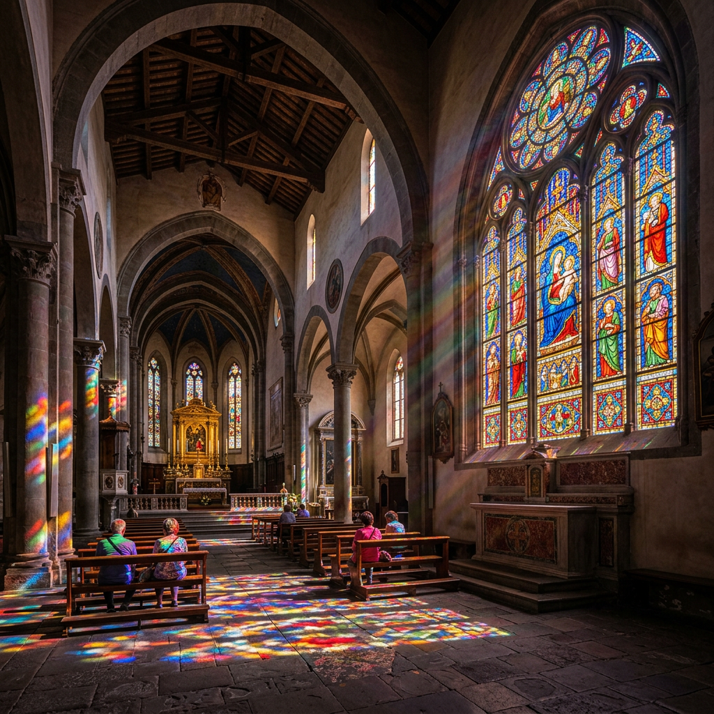Historic church interior with stained-glass windows, worshippers, and colorful sunlight