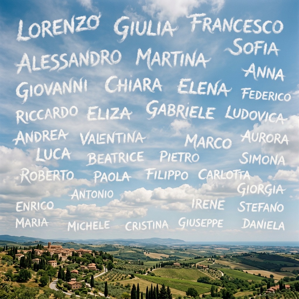 Names Lorenzo, Giulia, Francesco, Sofia, Alessandro, Martina, Anna, Giovanni, Chiara, Elena, Federico, Riccardo, Eliza, Gabriele, Ludovica, Andrea, Valentina, Marco, Aurora, Luca, Beatrice, Pietro, Simona, Roberto, Paola, Filippo, Carlotta, Giorgia, Antonio, Irene, Enrico, Stefano, Maria, Michele, Cristina, Giuseppe, and Daniela over a Tuscan landscape