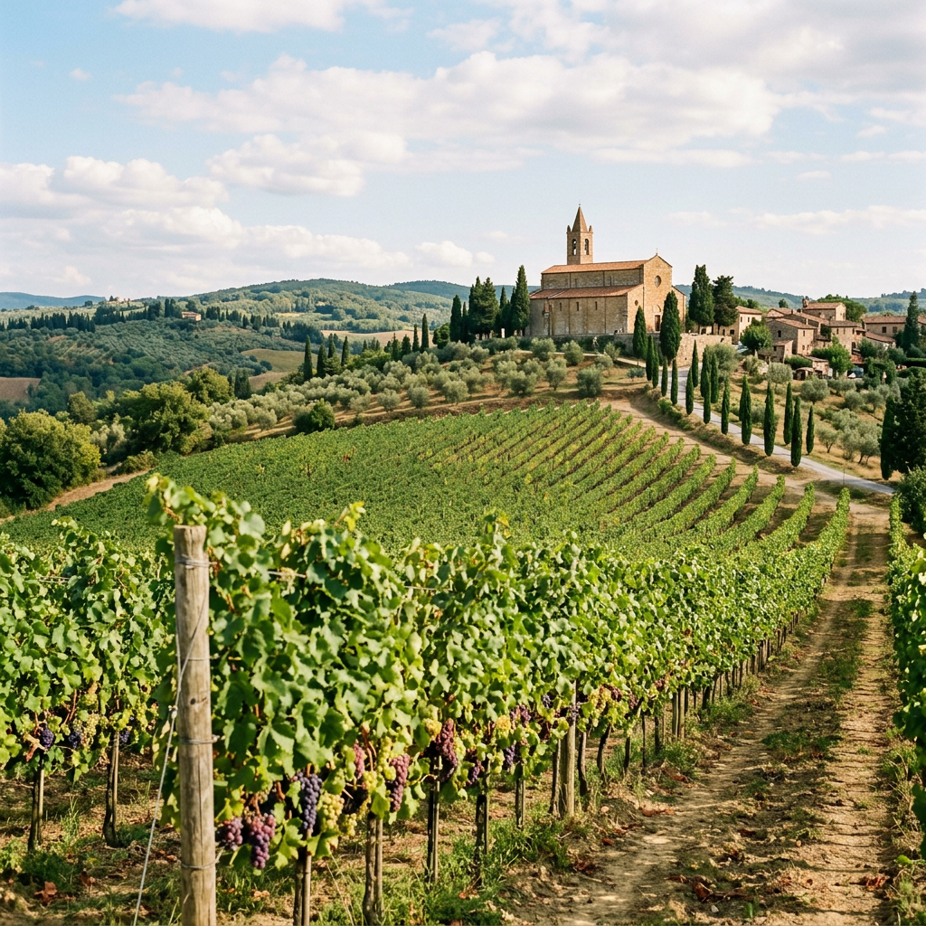 Tuscan vineyard with grapevines, cypress trees, and a hilltop church