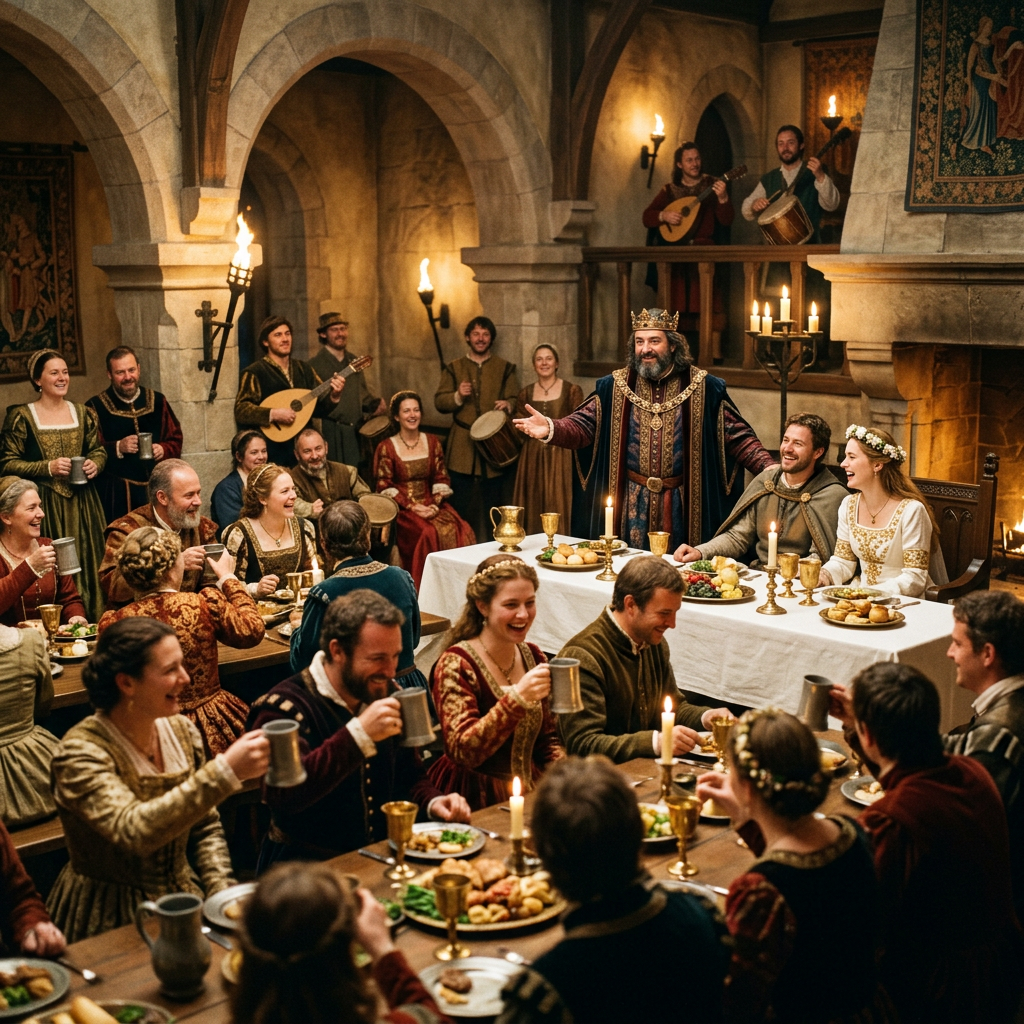 Medieval feast with guests, musicians, candles, and a crowned host