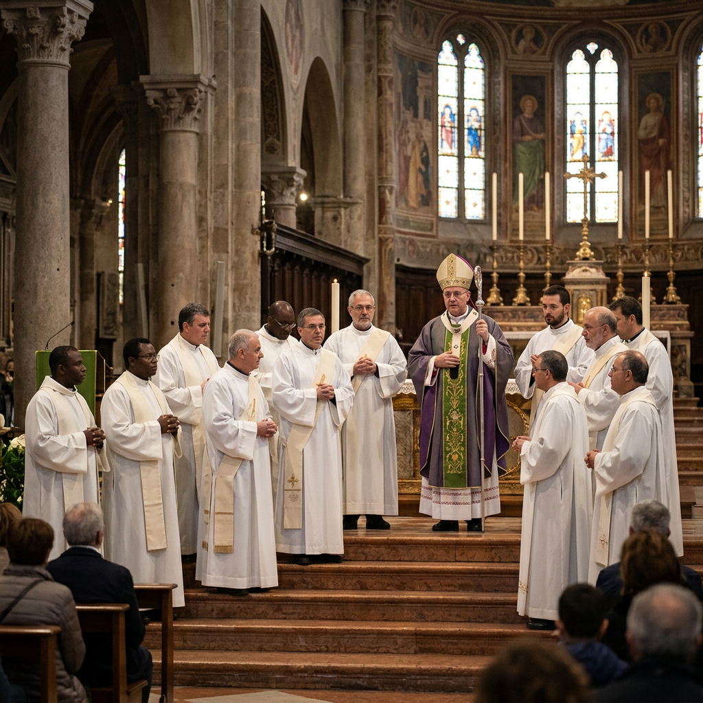 Clergy in white robes and a bishop in purple vestments stand before a cathedral altar.