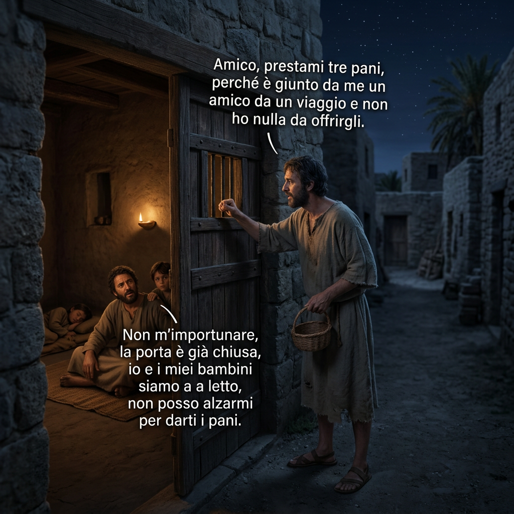 At night, a man holding a basket knocks on a door. Text reads: “Amico, prestami tre pani, perché è giunto da me un amico da un viaggio e non ho nulla da offrirgli.” Inside, another man replies: “Non m’importunare, la porta è già chiusa, io e i miei bambini siamo a letto, non posso alzarmi per darti i pani.”