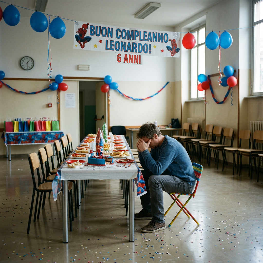 Birthday room with banner reading “Buon compleanno Leonardo! 6 anni”