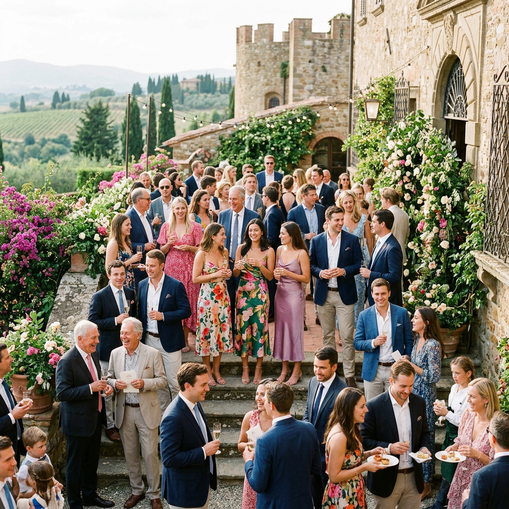 Wedding guests gathering on a flower-filled terrace overlooking Tuscan hills