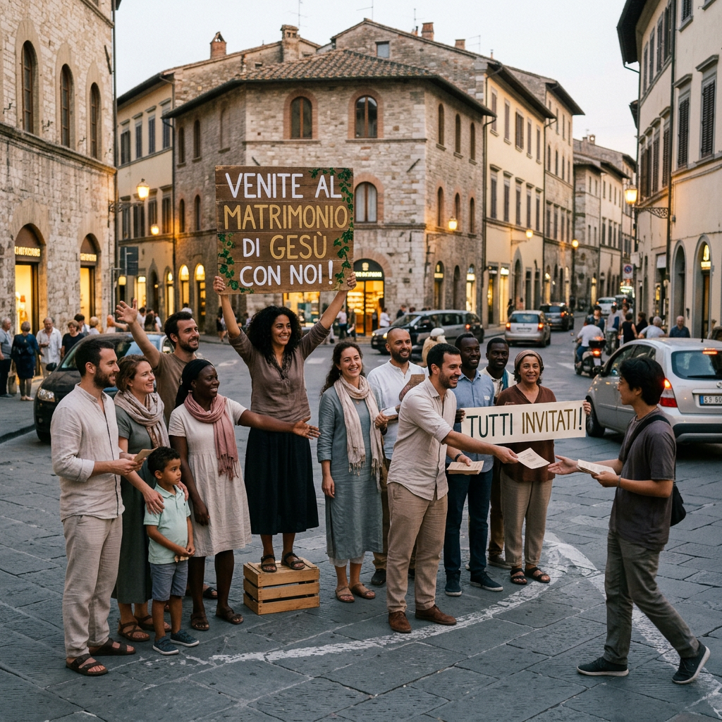 Group holding signs reading “VENITE AL MATRIMONIO DI GESÙ CON NOI!” and “TUTTI INVITATI!”
