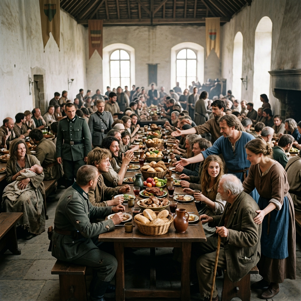 Crowded communal feast with soldiers and villagers seated at long tables