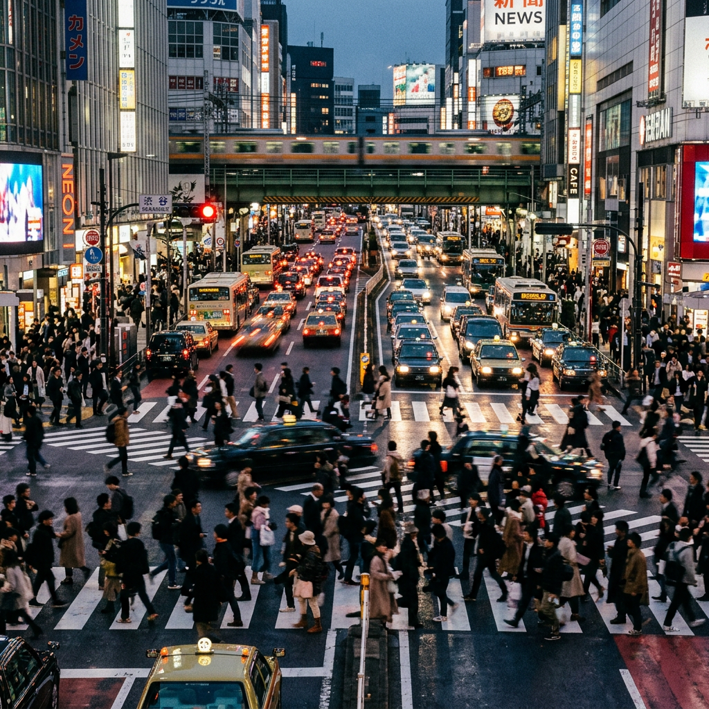 Crowded Tokyo intersection with pedestrians, traffic, illuminated signs, and an overhead train