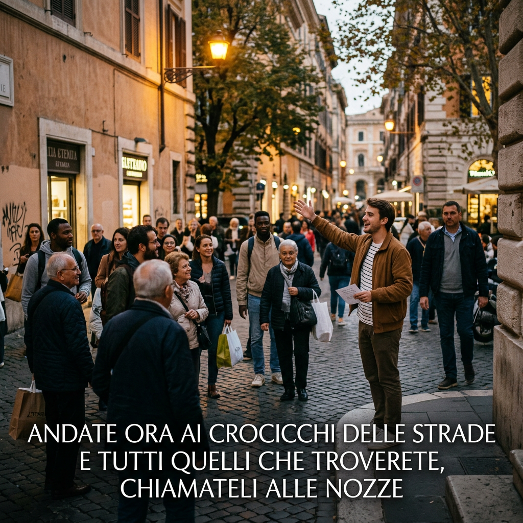 Crowded cobblestone street with guide and text: “ANDATE ORA AI CROCCICCHI DELLE STRADE E TUTTI QUELLI CHE TROVERETE, CHIAMATELI ALLE NOZZE.”