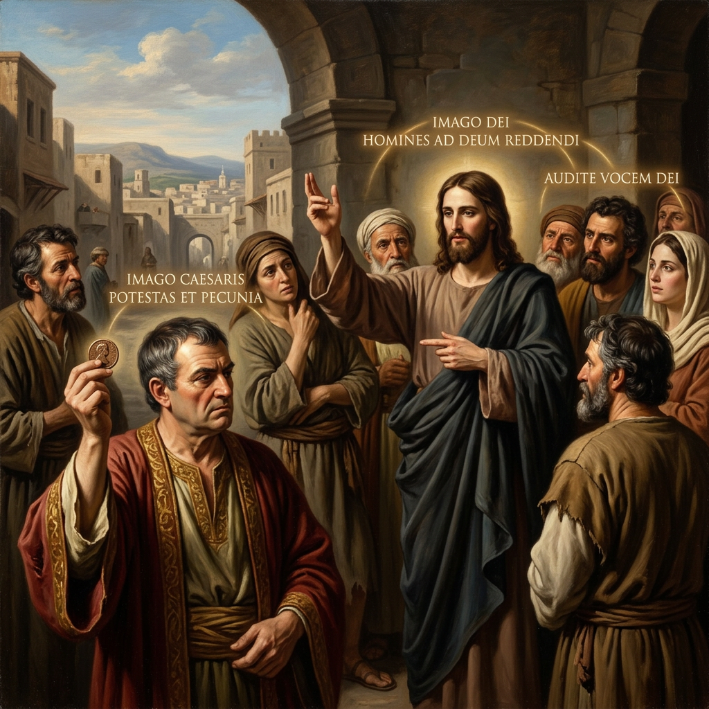 Jesus speaks among gathered people while a Roman official holds a coin; visible text reads “IMAGO CAESARIS POTESTAS ET PECUNIA,” “IMAGO DEI HOMINES AD DEUM REDDENDI,” and “AUDITE VOCEM DEI.”