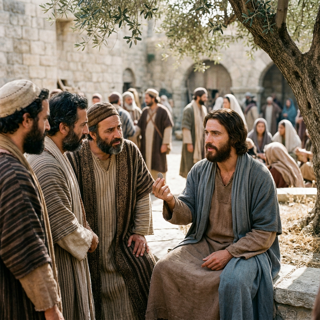 Bearded teacher speaking with men in an ancient stone courtyard