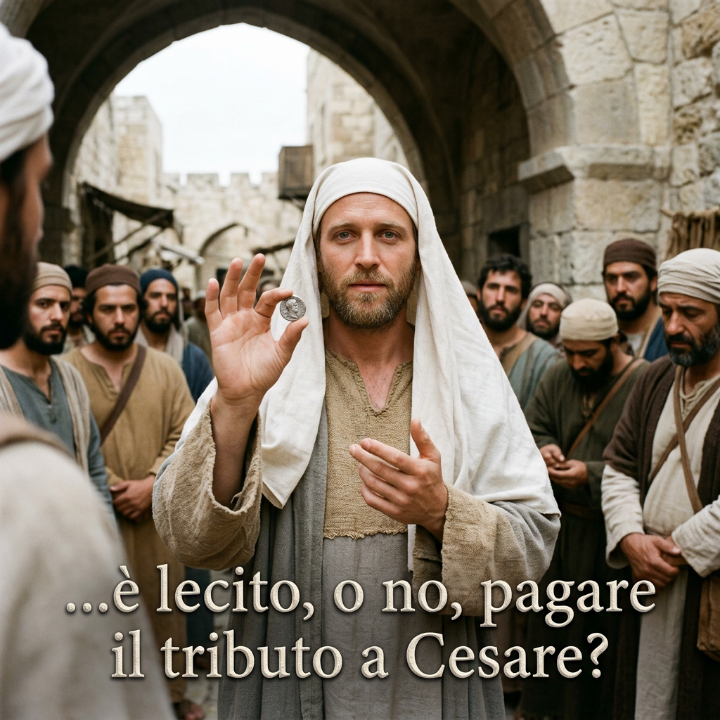 Man holding a coin among followers; text reads: "...è lecito, o no, pagare il tributo a Cesare?"