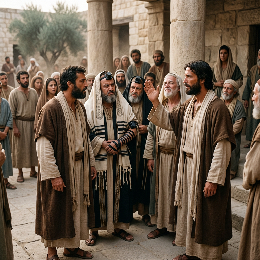 Bearded teacher gesturing before a crowd in an ancient stone courtyard