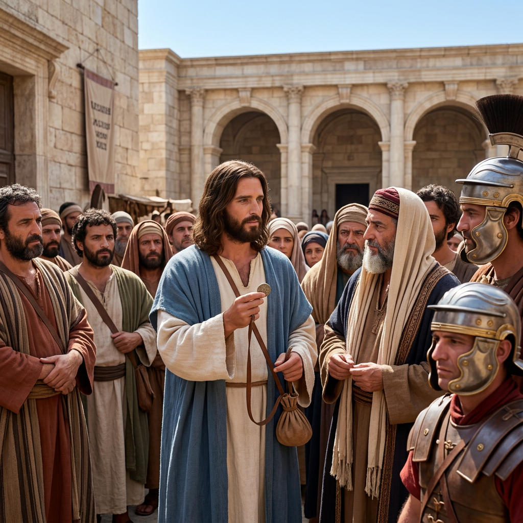 Jesus-like man holding a coin among elders and Roman soldiers