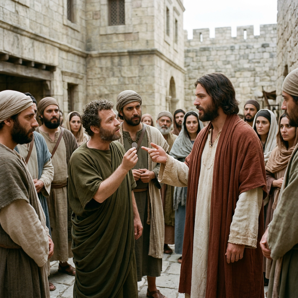 A robed teacher gestures while speaking to people in a stone courtyard