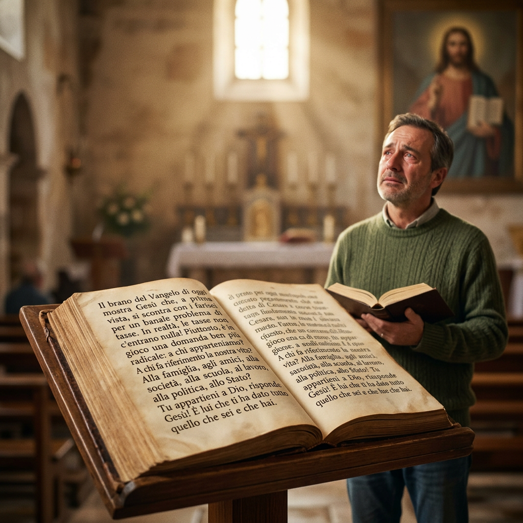 Man holding Bible beside oversized Italian text in church