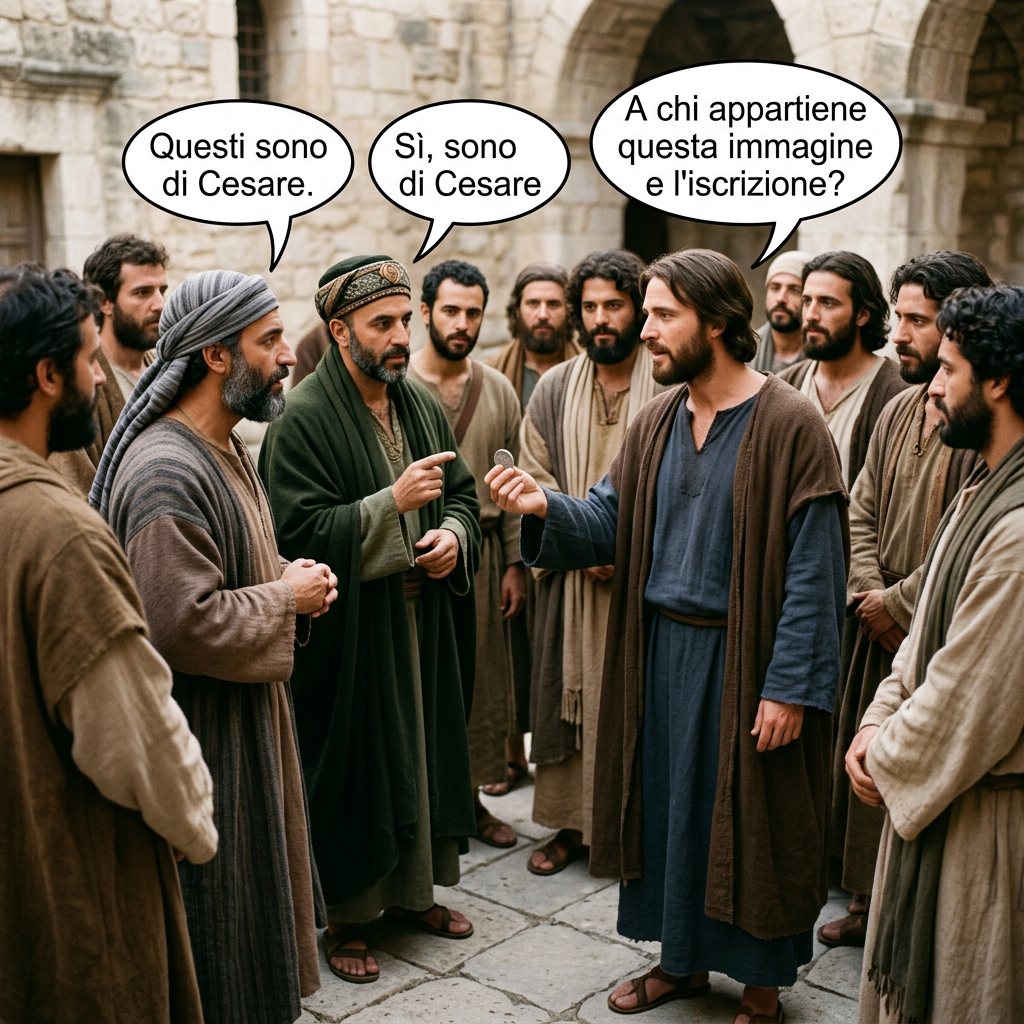 Men debate a coin; speech bubbles read “Questi sono di Cesare,” “Sì, sono di Cesare,” and “A chi appartiene questa immagine e l’iscrizione?”