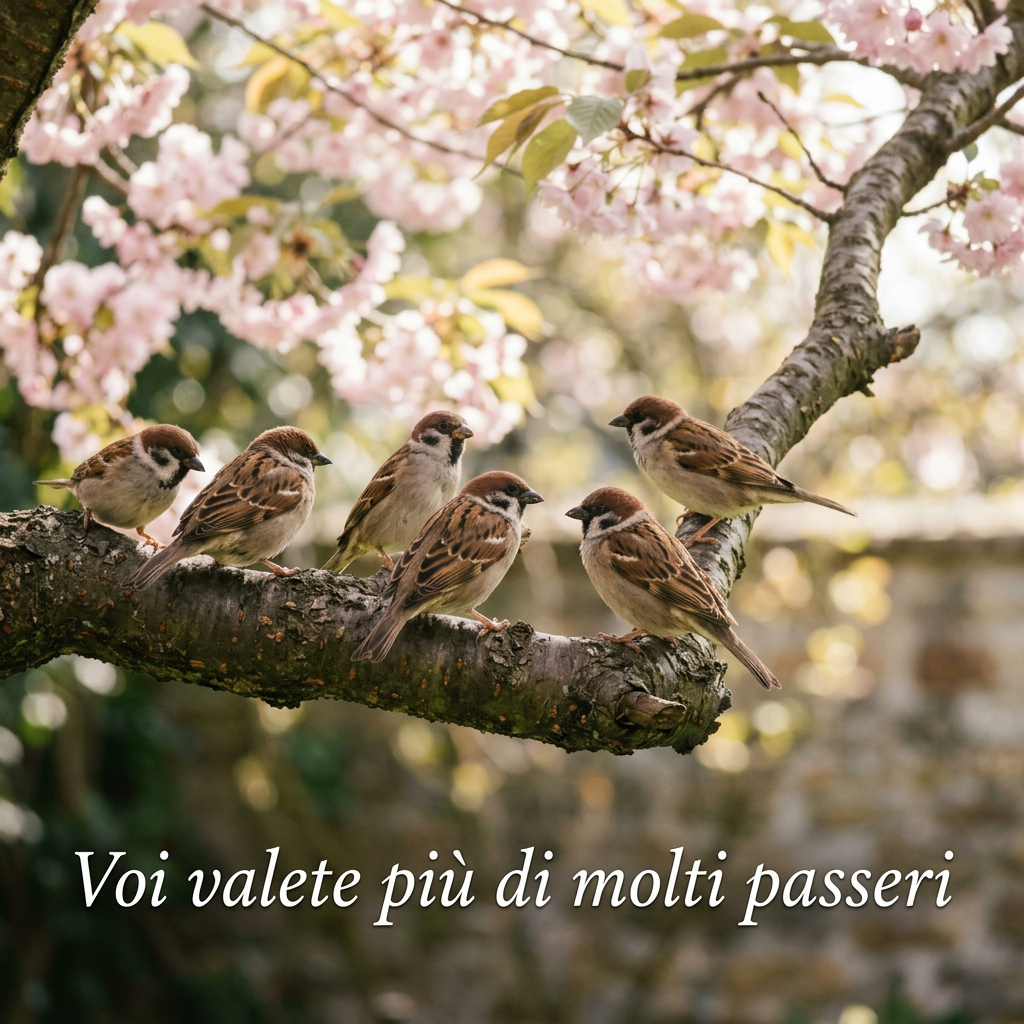 Five sparrows on a flowering branch; text: “Voi valete più di molti passeri”