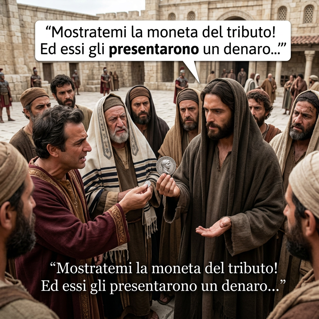 Jesus holds a coin as men present tribute; text reads: “Mostratemi la moneta del tributo! Ed essi gli presentarono un denaro...”