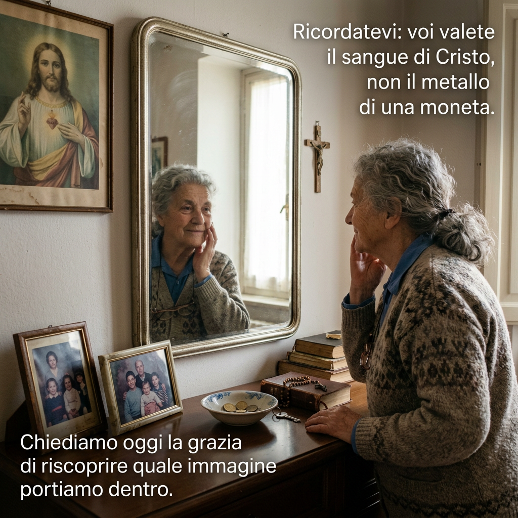 Donna anziana davanti allo specchio; testo: “Ricordatevi: voi valete il sangue di Cristo, non il metallo di una moneta.” e “Chiediamo oggi la grazia di riscoprire quale immagine portiamo dentro.”