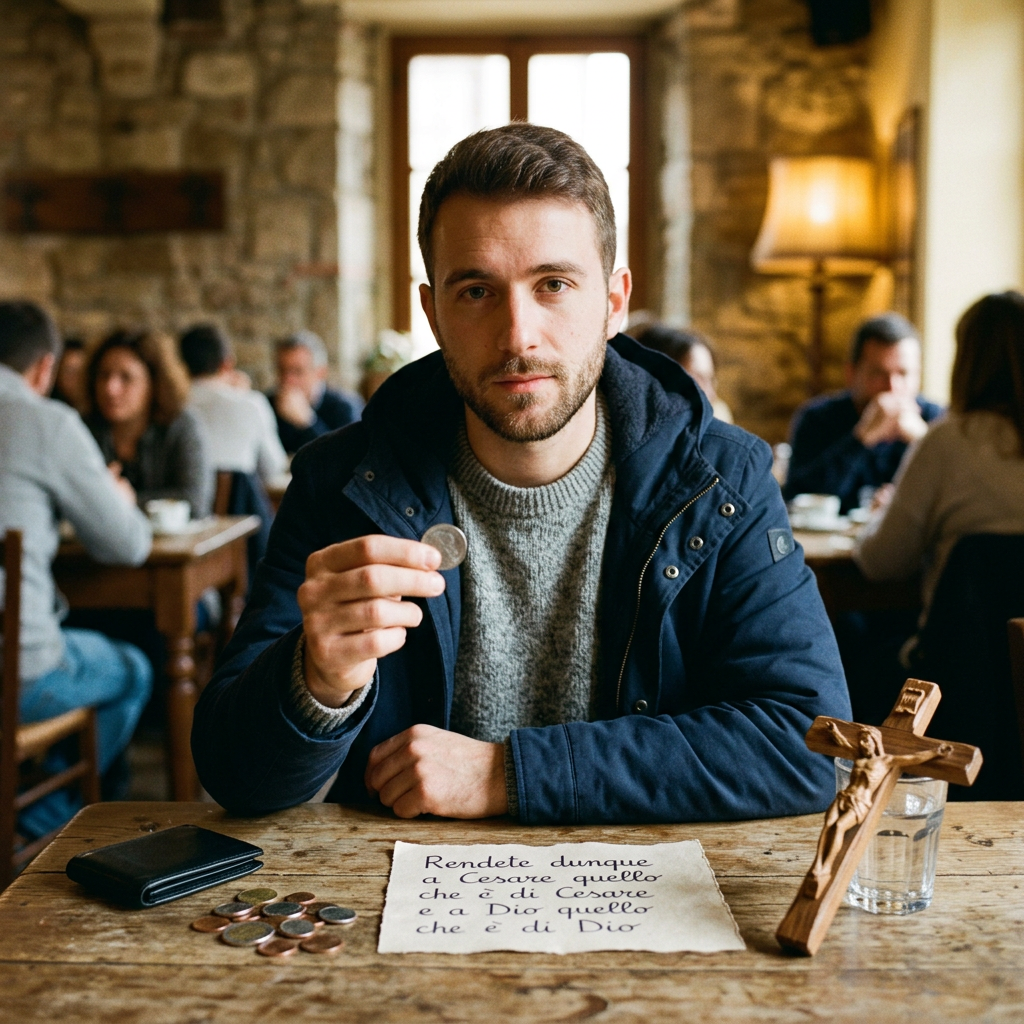 Man holding a coin beside a crucifix and note reading “Rendete dunque a Cesare quello che è di Cesare e a Dio quello che è di Dio”