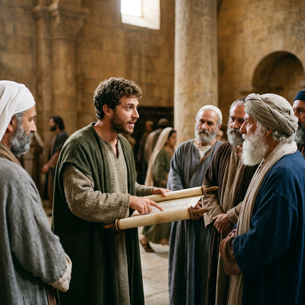 Young man showing an open scroll to elders in a stone hall