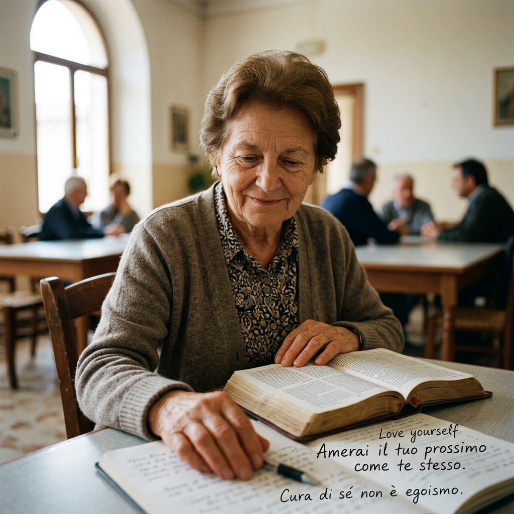 Older woman reading at a table; text: “Love yourself. Amerai il tuo prossimo come te stesso. Cura di sé non è egoismo.”