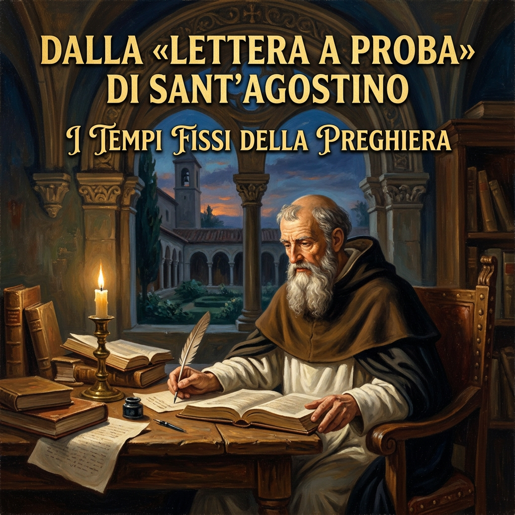Text reads “DALLA «LETTERA A PROBA» DI SANT’AGOSTINO” and “I TEMPI FISSI DELLA PREGHIERA,” above Saint Augustine writing at a desk.