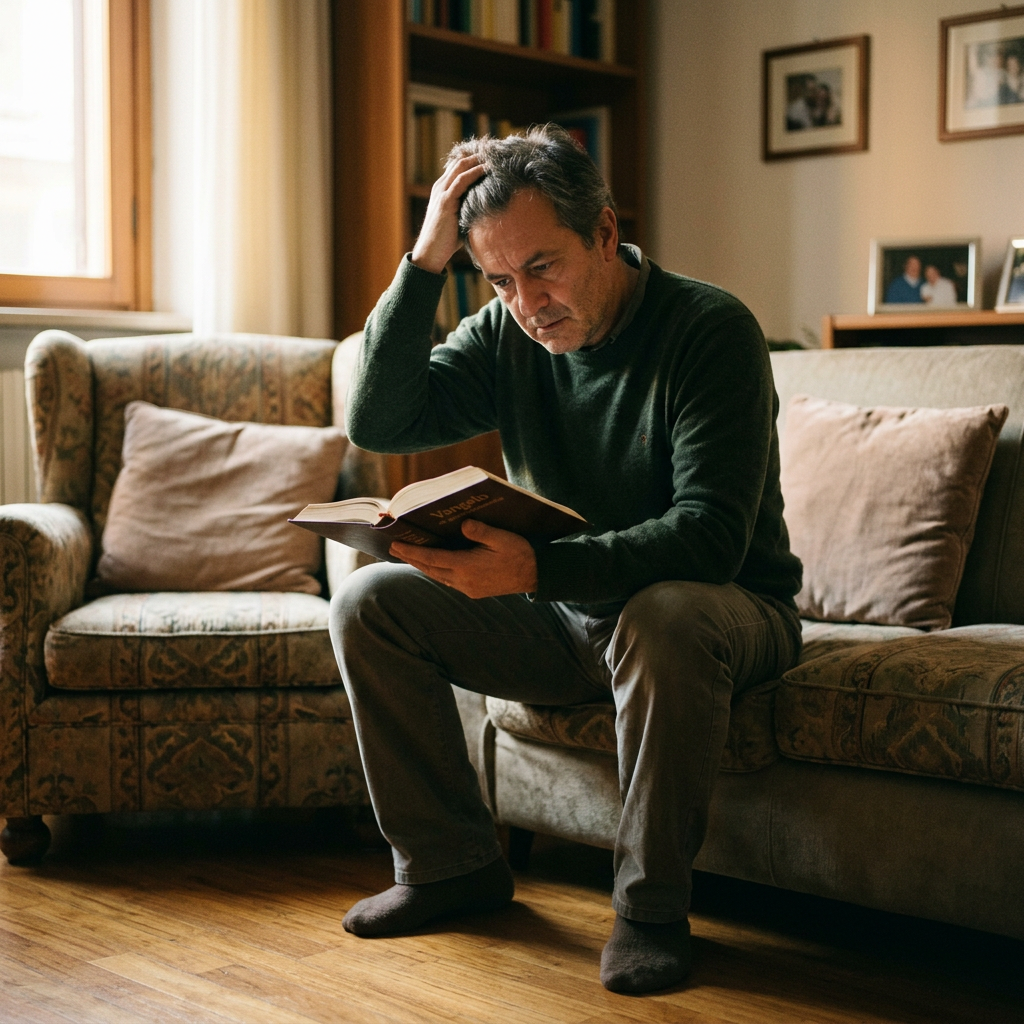 Man sitting on a sofa, holding a book and resting his hand on his head