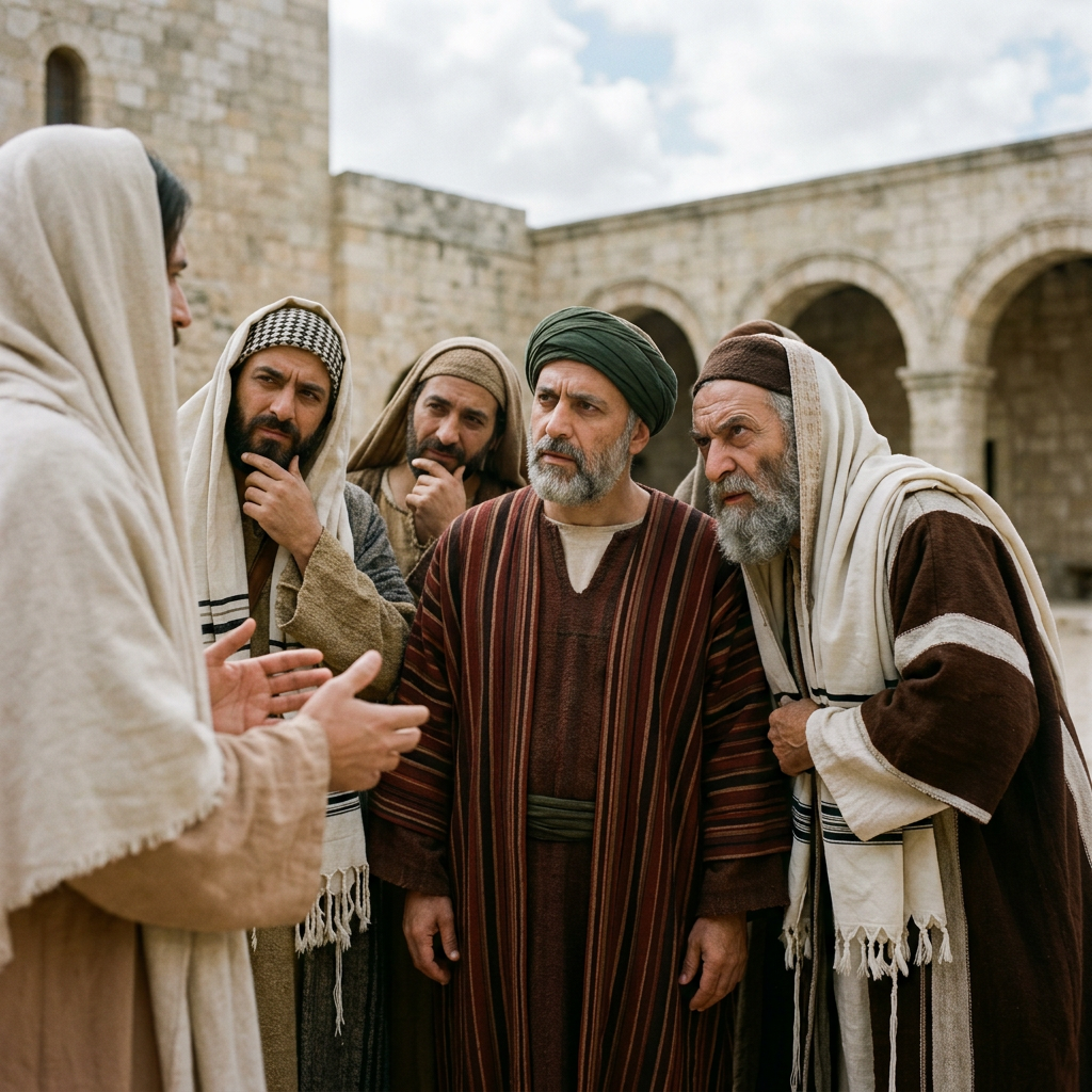 Five traditionally dressed men having a serious discussion in a stone courtyard