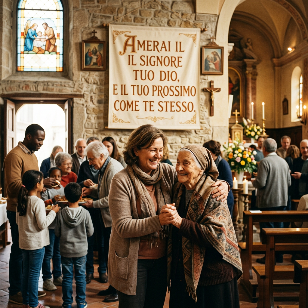 Church gathering with banner reading “AMERAI IL IL SIGNORE TUO DIO, E IL TUO PROSSIMO COME TE STESSO.”