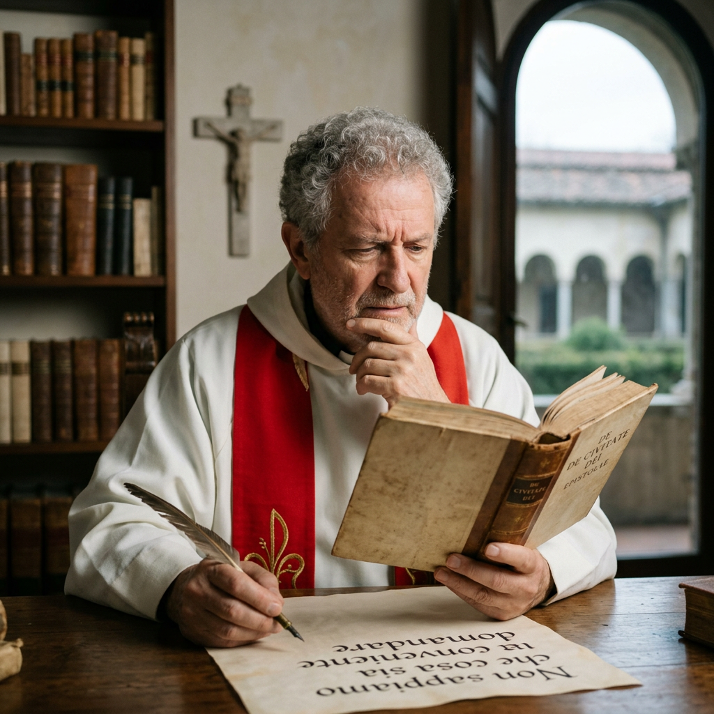 Clergyman reading De Civitate Dei and writing on parchment with a quill