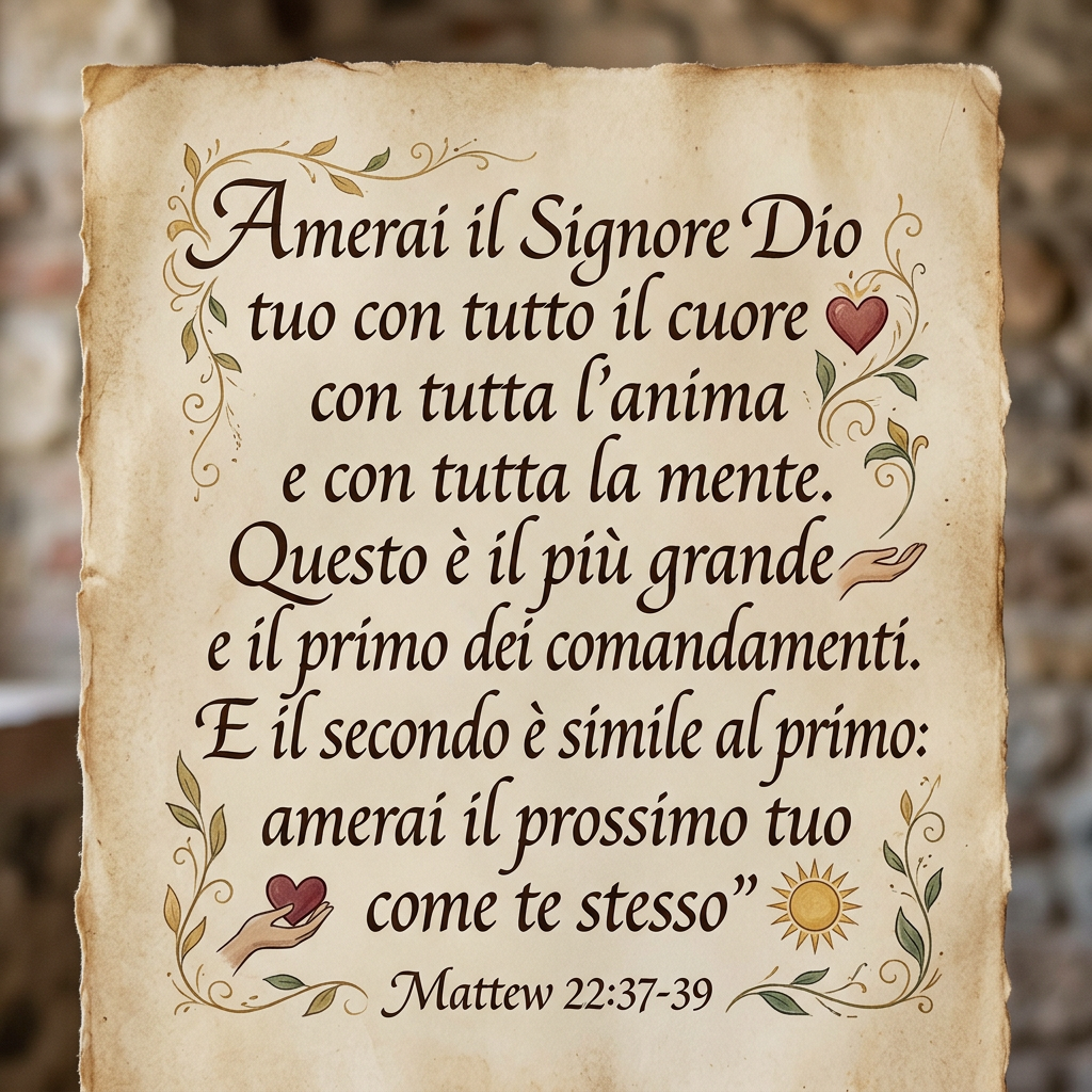 Parchment with Italian text: “Amerai il Signore Dio tuo con tutto il cuore con tutta l’anima e con tutta la mente. Questo è il più grande e il primo dei comandamenti. E il secondo è simile al primo: amerai il prossimo tuo come te stesso” Matteo 22:37-39.