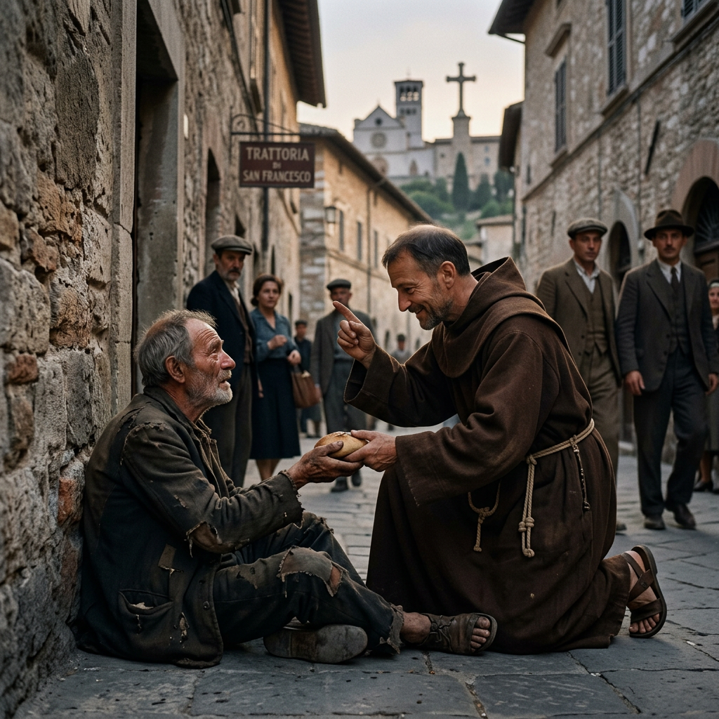 Franciscan friar offering bread to a seated man in an Italian street