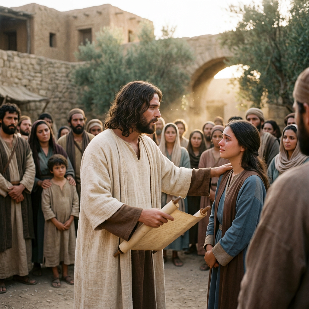Bearded robed man holding a scroll and addressing a woman before a crowd