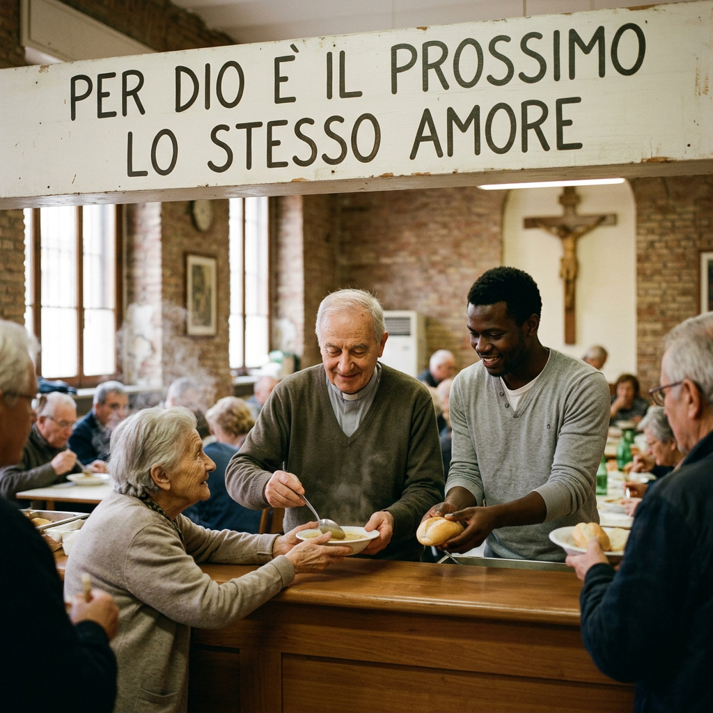 Volunteers serving soup and bread to elderly parishioners in a church dining hall