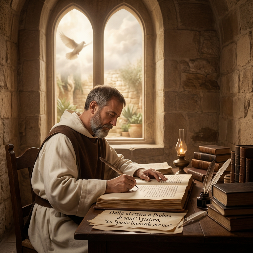 Monk writing beside books and lamp; paper reads: Dalla «Lettera a Proba» di sant’Agostino “Lo Spirito intercede per noi”