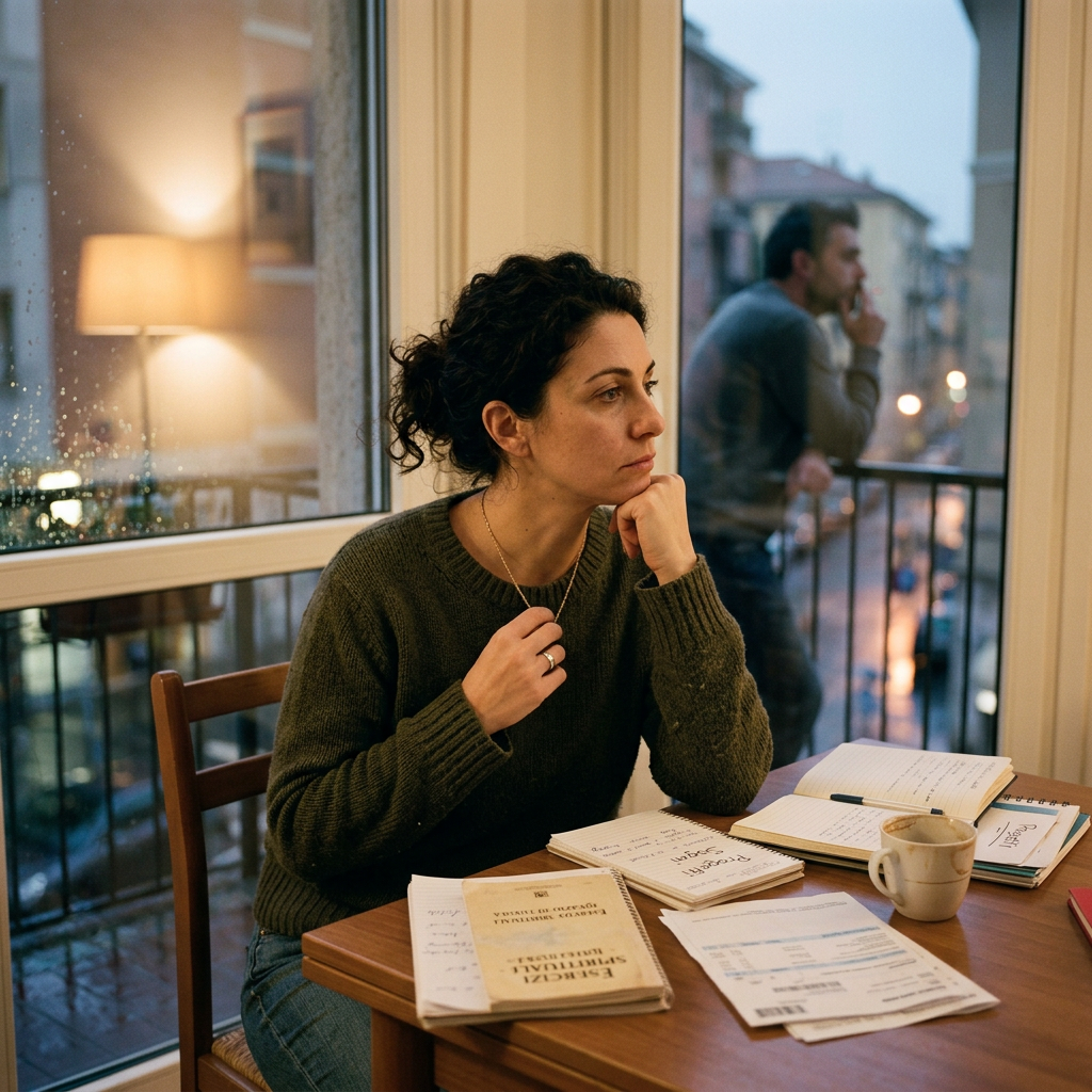 Woman studying at a table beside a window with books and coffee