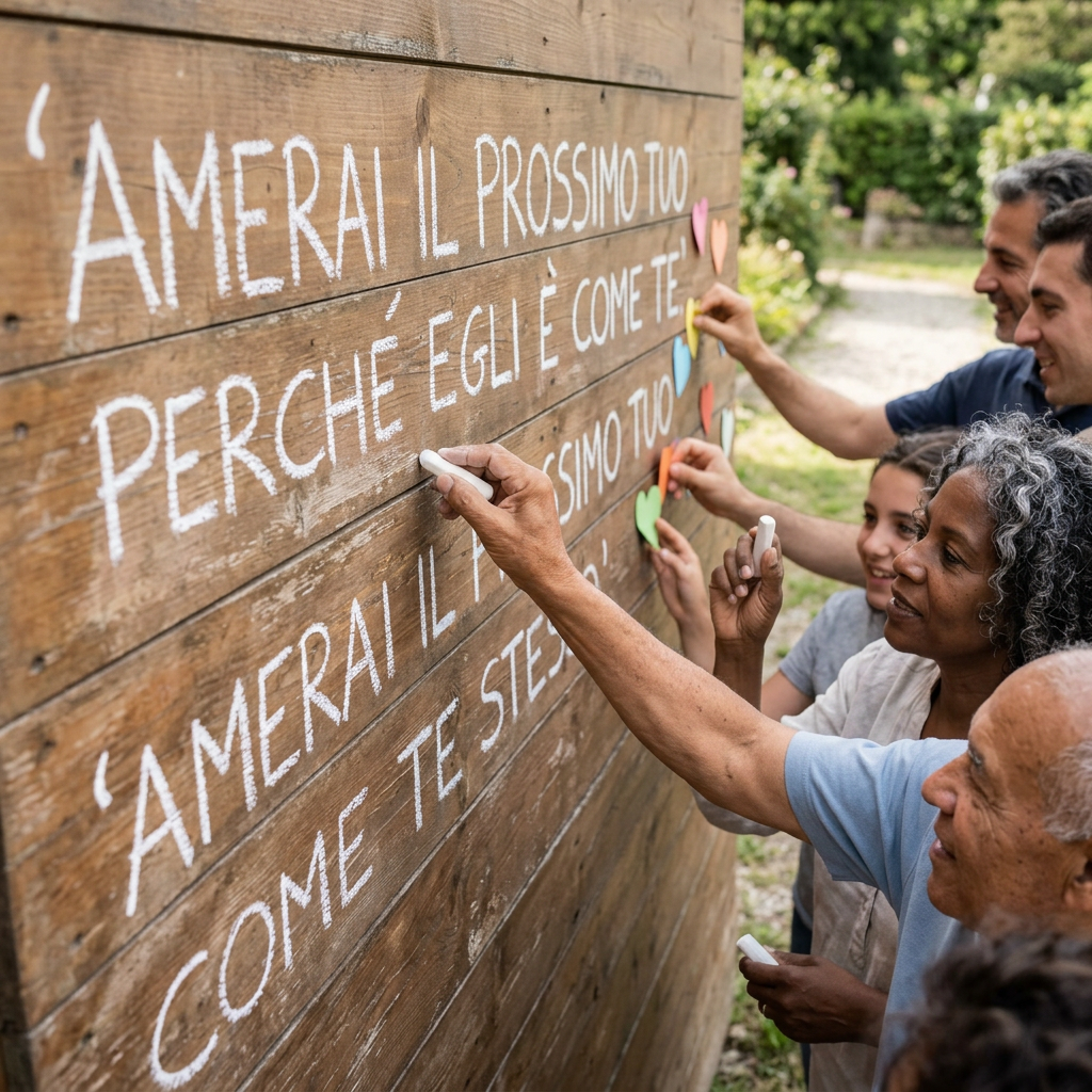 Adults and children write chalk messages and add colorful hearts to a wooden wall.